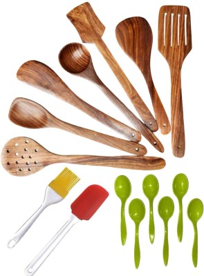 Woodenstck Wooden Spoon Kitchen Essentials: Spoon & Spatula Set - Natural Finish Set Of 15 Silicone, Wooden, Plastic Serving Spoon, Table Spoon, Ice-cream Spoon, Tea Spoon Set(Pack of 15)