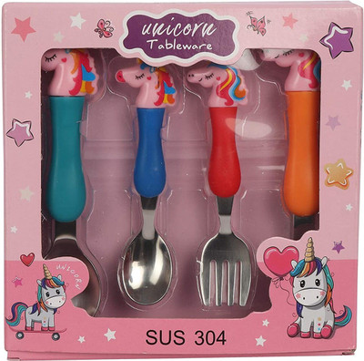 valuableplus Stainless Steel Unicorn Family Spoon and Fork Set for Kids (Set of 4 ) Stainless Steel Table Spoon Set(Pack of 4)