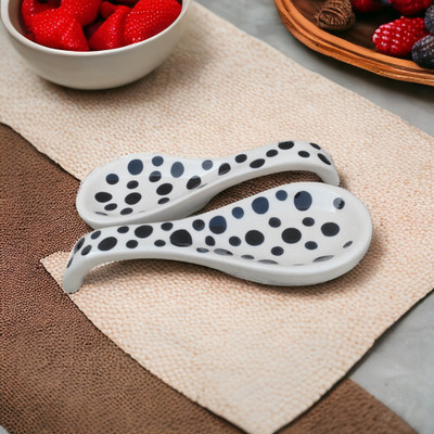 Malaikah Ceramic Spoon Rest Large Black Polka Dot Heart Flower Pack of 2 Ceramic Serving Spoon, Measuring Spoon, Soup Spoon, Table Spoon Set(Pack of 2)