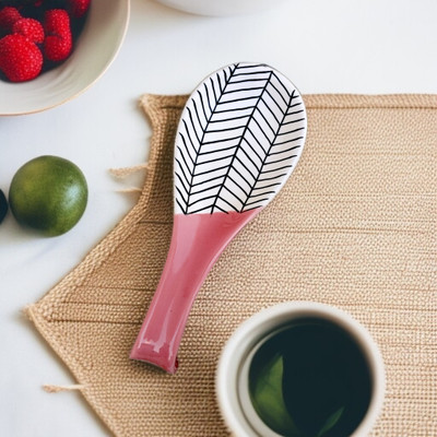 RAFOLEEN Ceramic Pink Color Zebra & Solid Print Spoon Rest Disposable Ceramic Serving Spoon(Pack of 1)