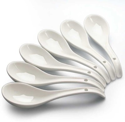 FUNKYFINDS Ceramic Soup Spoons, Japanese Ramen Spoon with Long Curved Handle Ceramic Cream Spoon, Dessert Spoon, Ice-cream Spoon, Coffee Spoon, Sugar Spoon, Soup Spoon Set(Pack of 6)