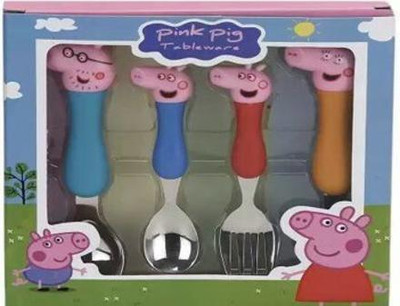 RIGHT SEARCH Peppa Pig Stainless Steel Dessert Spoon & fork set ( 2 spoons & 2 fork) Stainless Steel Serving Spoon Set(Pack of 4)