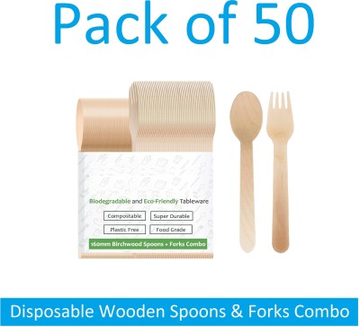 Sauran 50 Pcs Disposable Wooden Spoons & Forks Combo (DGS1.107) Disposable Wooden Table Spoon Set(Pack of 50)