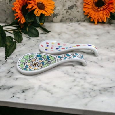 Malaikah Ceramic Green And Multi Heart Large Spoon Rest Pack of 2 Ceramic Serving Spoon, Measuring Spoon, Soup Spoon, Table Spoon Set(Pack of 2)