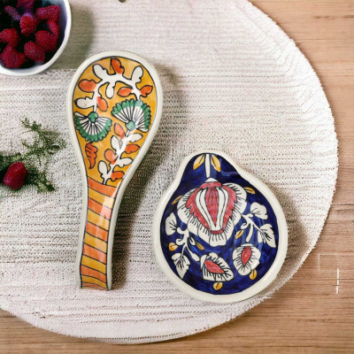 RAFOLEEN Ceramic Spoon Rest Large Orange And Small Blue Pack of 2 Disposable Ceramic Serving Spoon Set(Pack of 2)