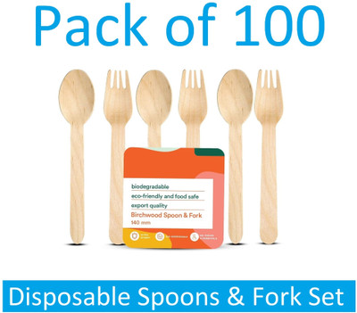 Sauran Pack of 100 Disposable Spoons & Fork Set Wooden Dining Flatware Spoon (DGS1.87) Disposable Wooden Table Spoon Set(Pack of 100)