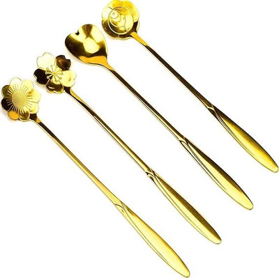 SANWALSA Golden Spoon Set, Cutlery Kitchen Tableware, Different Shape Stirring Spoons, Stainless Steel Dessert Spoon Set(Pack of 4)