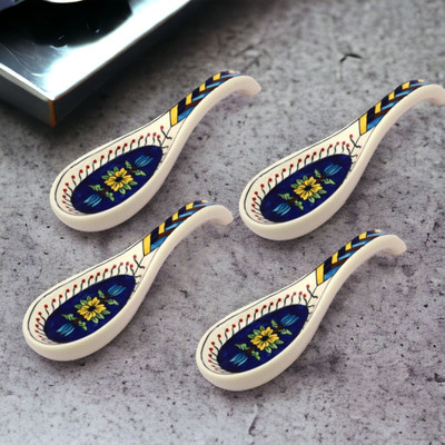 BRI Blue Mustard Floral Handprinted, Handmade, Ceramic Spoon Holder, Spoon Rest, Ceramic Table Spoon Set(Pack of 4)