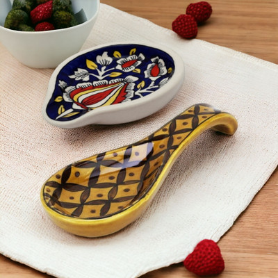 Malaikah unique1_Ceramic Spoon Rest Combo Large and Small Yellow Pack of 2 Disposable Ceramic Serving Spoon, Measuring Spoon, Soup Spoon, Table Spoon Set(Pack of 2)