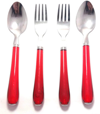 TURBOMAX Table Spoon & Fork Set of 12 Pc | Shiny Red Fancy Plastic Handle Stainless Steel Table Spoon Set(Pack of 4)