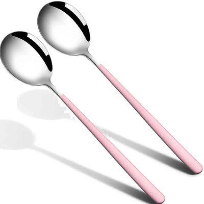 KESUENTERPRISE Long Handle Stainless Steel Spoons (pink; pack of 2) Stainless Steel Salad Spoon Set(Pack of 2)