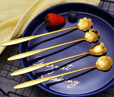Niralasa Golden Spoon Set / Cutlery Kitchen Tableware / Different Shape Stainless Steel Coffee Spoon, Cream Spoon, Dessert Spoon, Ice Tea Spoon Set(Pack of 4)