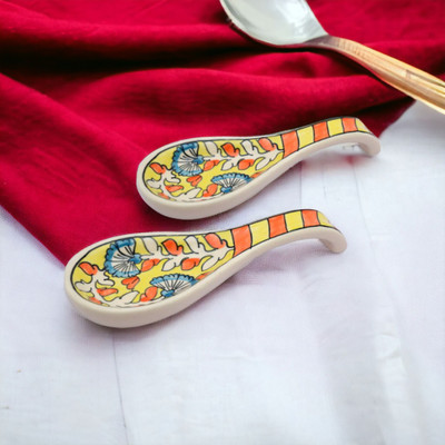 Malaikah 1001_Malaikah Yellow Long Spoon Rest Pack of 2 Disposable Ceramic Serving Spoon, Measuring Spoon, Soup Spoon, Table Spoon Set(Pack of 2)