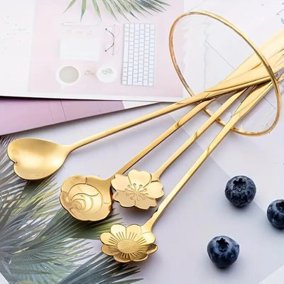 ZIVINI Golden Spoon Set/Coffee Spoon/Dessert Spoons/Cutlery Kitchen Tableware Steel Table Spoon, Ice Tea Spoon, Tea Spoon, Dessert Spoon, Coffee Spoon Set(Pack of 4)