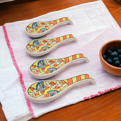 RAFOLEEN Ceramic Yellow Color Floral Print Spoon Rest Disposable Ceramic Serving Spoon Set(Pack of 4)