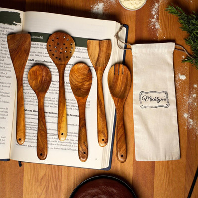Micklyn Neem wood spoons set of 6 Wooden Serving Spoon Set(Pack of 6)