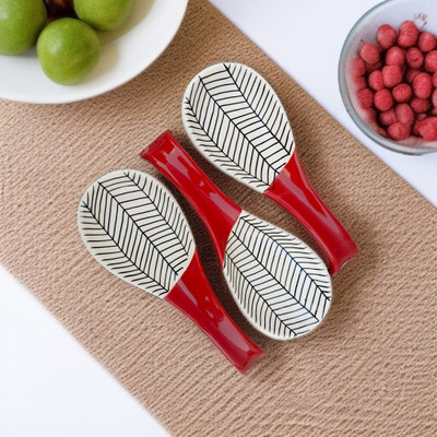 Malaikah Red Zebra Printed Large Spoon Rest Pack Of 3 Ceramic Table Spoon Set(Pack of 3)