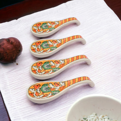 Malaikah Ceramic Spoon Rest Large Orange Pack of 4 Disposable Ceramic Serving Spoon, Measuring Spoon, Soup Spoon, Table Spoon Set(Pack of 4)