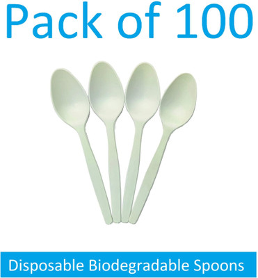 Sauran 100 Pcs Disposable Corn Starch Biodegradable Spoons Set (DGS1.105) Disposable Porcelain Table Spoon Set(Pack of 100)