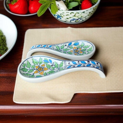 BRI Green Floral Handprinted, Handpainted, Ceramic Spoon Holder, Spoon Rest, Ceramic Table Spoon Set(Pack of 2)