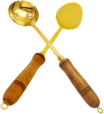 M R HANDICRAFTS Pure Brass Ladle (Golchi) & Serving Spoon (Chammach) with Wooden Handle Brass Serving Spoon Set(Pack of 2)