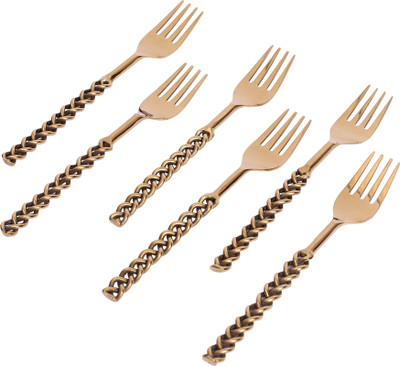 MUDRIKA INTERNATIONAL Elegant Brass Dessert Fork Set of 6 | Antique Finish Dining Cutlery Stainless Steel Table Spoon Set(Pack of 6)