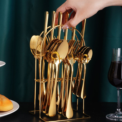 TeraaBliss 4-Pc Luxury Solid Gold Finish Cutlery Set with Display Rack Stainless Steel Table Spoon, Serving Spoon Set(Pack of 24)