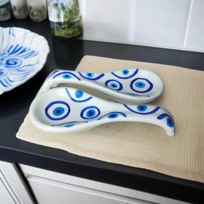 BRI Evil Eye Handprinted, Handmade, Ceramic Spoon Rest, Spoon Holder Ceramic Table Spoon Set(Pack of 2)