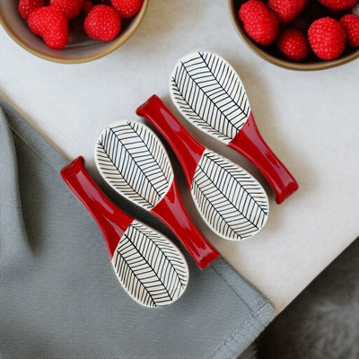 Malaikah Red Zebra Printed Large Spoon Rest Pack Of 4 Ceramic Table Spoon Set(Pack of 4)