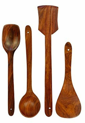 Dharam Paul Traders Handmade Wooden Cooking Spoons and Serving Spoon Set of 4 for Non Stick Kitchen Utensils Kitchen Tool Set(Brown, Cooking Spoon, Spatula, Ladle)