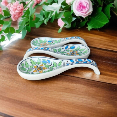 BRI Green Floral Handprinted, Handpainted, Ceramic Spoon Holder, Spoon Rest, Ceramic Table Spoon Set(Pack of 3)