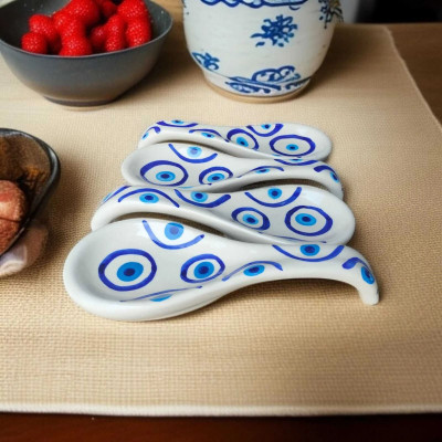 BRI Evil Eye Handprinted, Handmade, Ceramic Spoon Rest, Spoon Holder Ceramic Table Spoon Set(Pack of 4)