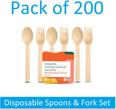 Sauran Pack of 200 Disposable Spoons & Fork Set Wooden Dining Flatware Spoon (DGS1.83) Disposable Wooden Table Spoon Set(Pack of 200)