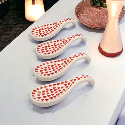 BRI Red Heart Handprinted, Handmade, Spoon Holder, Spoon Rest, Ceramic Table Spoon Set(Pack of 4)