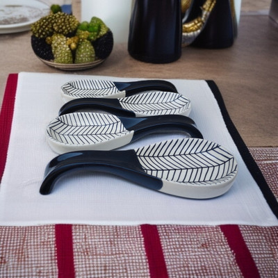 Malaikah Black Zebra Printed Large Spoon Rest Pack Of 4 Ceramic Table Spoon Set(Pack of 4)