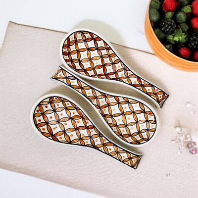 RAFOLEEN Ceramic Gold Color Checkered Print Spoon Rest Disposable Ceramic Serving Spoon Set(Pack of 3)