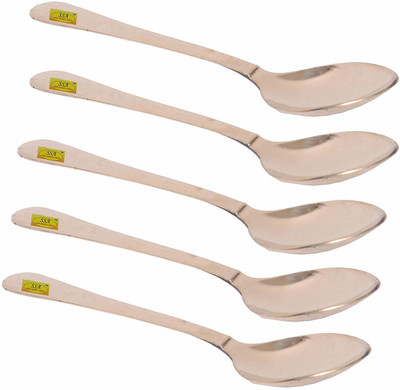 Shivshakti Arts Handmade Pure Brass Spoon Hammered Designed Dinnerware Purpose Length-18 cm Each:Set of 5 Brass Serving Spoon Set(Pack of 6)