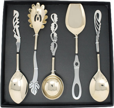 RBHMC BRONZE MASTER Designer Steel Handle Design Bronze Serving Spoon Set of 5 Mother of Pearl Stainless Steel, Bronze Serving Spoon Set(Pack of 5)