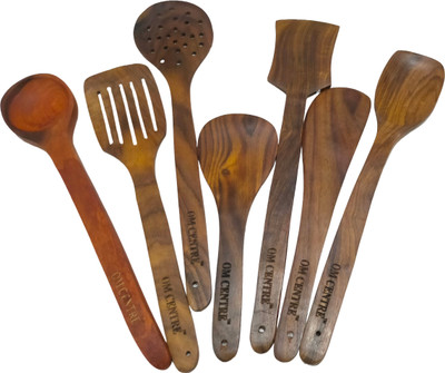 OM CENTRE Handmade Wooden Spatula Non-Stick Cooking & Premium Wooden Serving Spoon Wooden Serving Spoon Set(Pack of 7)