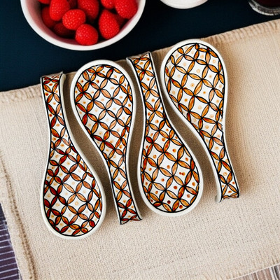 Malaikah White With Gold Printed Large Spoon Rest Pack Of 4 Ceramic Table Spoon Set(Pack of 4)