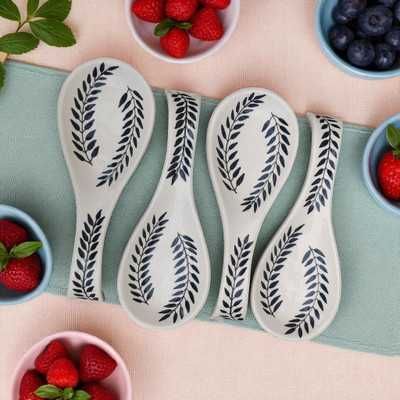 Malaikah Black Leaf Print Long Spoon Rest Pack Of 4 Ceramic Table Spoon Set(Pack of 4)