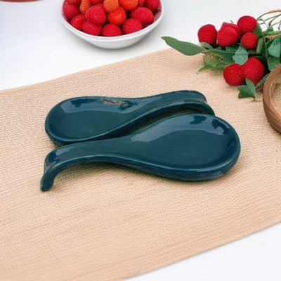Malaikah Dark Green With Solid Printed Large Spoon Rest Pack Of 2 Ceramic Table Spoon Set(Pack of 2)