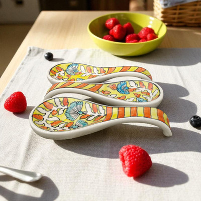 Malaikah Yellow Print Long Spoon Rest Pack Of 3 Ceramic Table Spoon Set(Pack of 3)