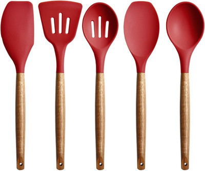 Zeinwap Non-Stick Kitchen Utensils Set with Wooden Handle Silicone Serving Spoon, Dessert Spoon Set(Pack of 5)