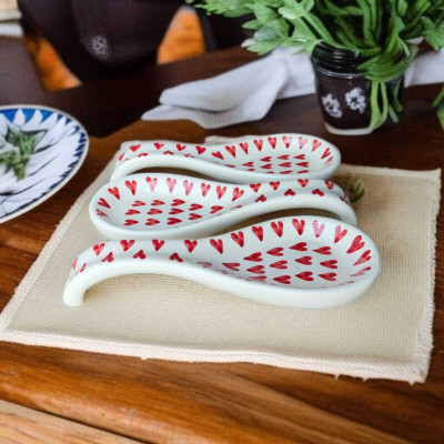 BRI Red Heart Handprinted, Handmade, Spoon Holder, Spoon Rest, Ceramic Table Spoon Set(Pack of 3)