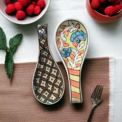 Malaikah 1001_Ceramic Gold And Yellow Large Spoon Rest Pack of 2 Ceramic Serving Spoon, Measuring Spoon, Soup Spoon, Table Spoon Set(Pack of 2)