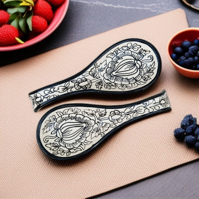 RAFOLEEN Ceramic Black Color Mugal Print Spoon Rest Disposable Ceramic Serving Spoon Set(Pack of 2)