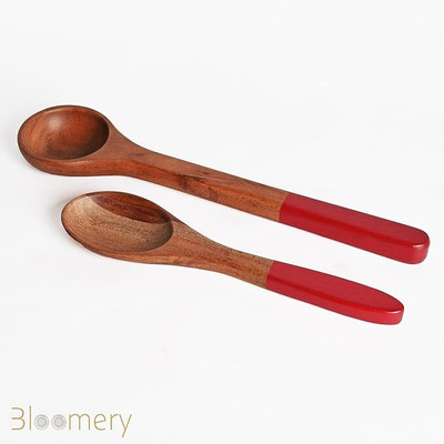 Bloomery Mango Wood Cooking & Serving Spoons, 2 Pc Set – Red Handles Wooden Serving Spoon Set(Pack of 2)