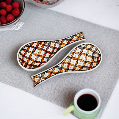 Malaikah unique1_White With Gold Printed Large Spoon Rest Pack Of 2 Ceramic Table Spoon Set(Pack of 2)