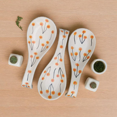 Malaikah Yellow Balloon Print Long Spoon Rest Pack Of 3 Ceramic Table Spoon Set(Pack of 3)